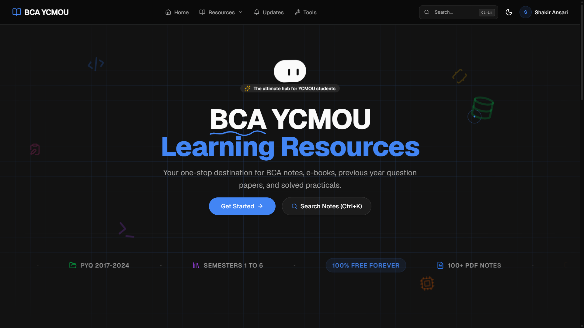 BCA Notes homepage showing semester cards