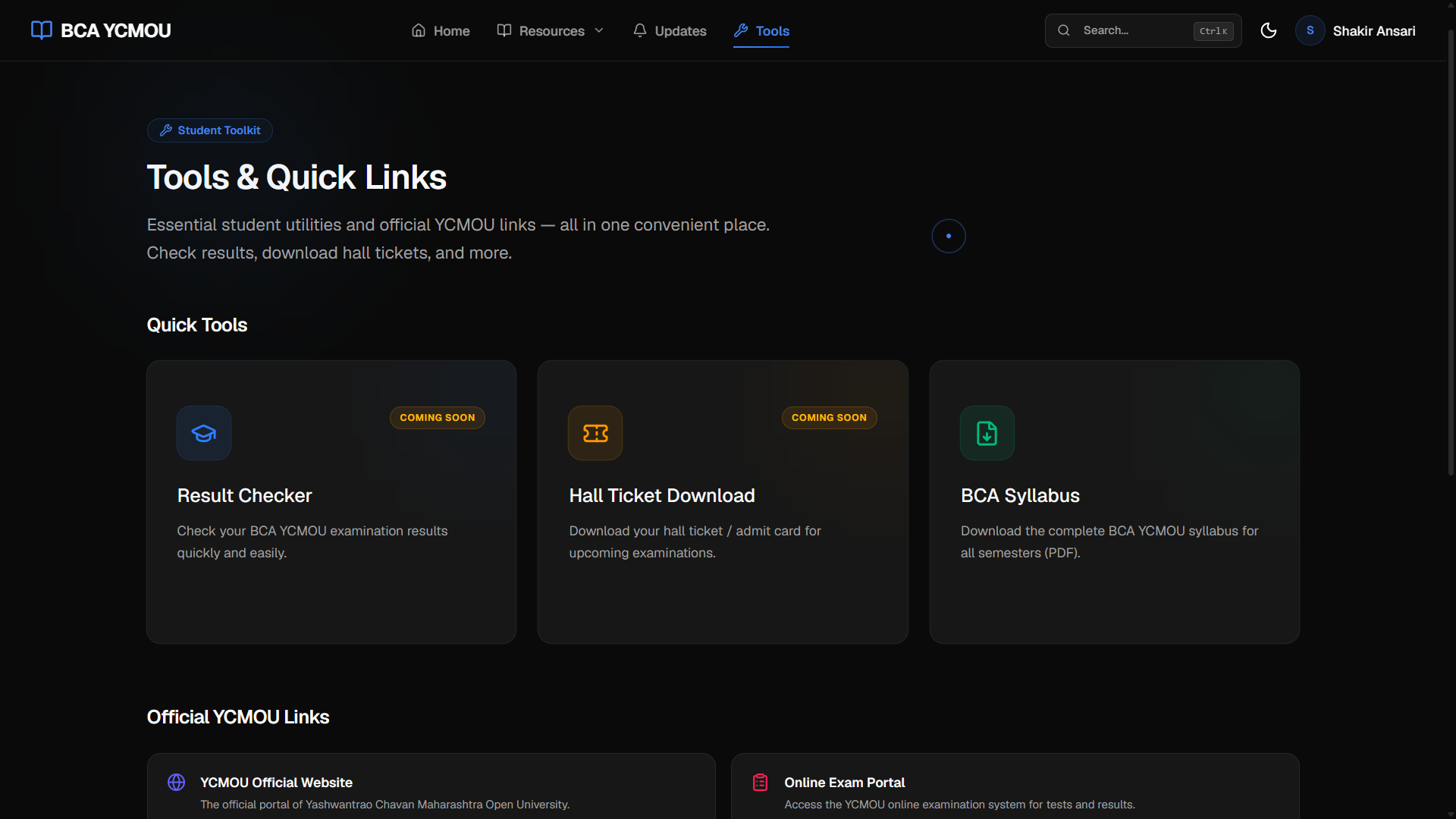 BCA Notes tools page showing resources