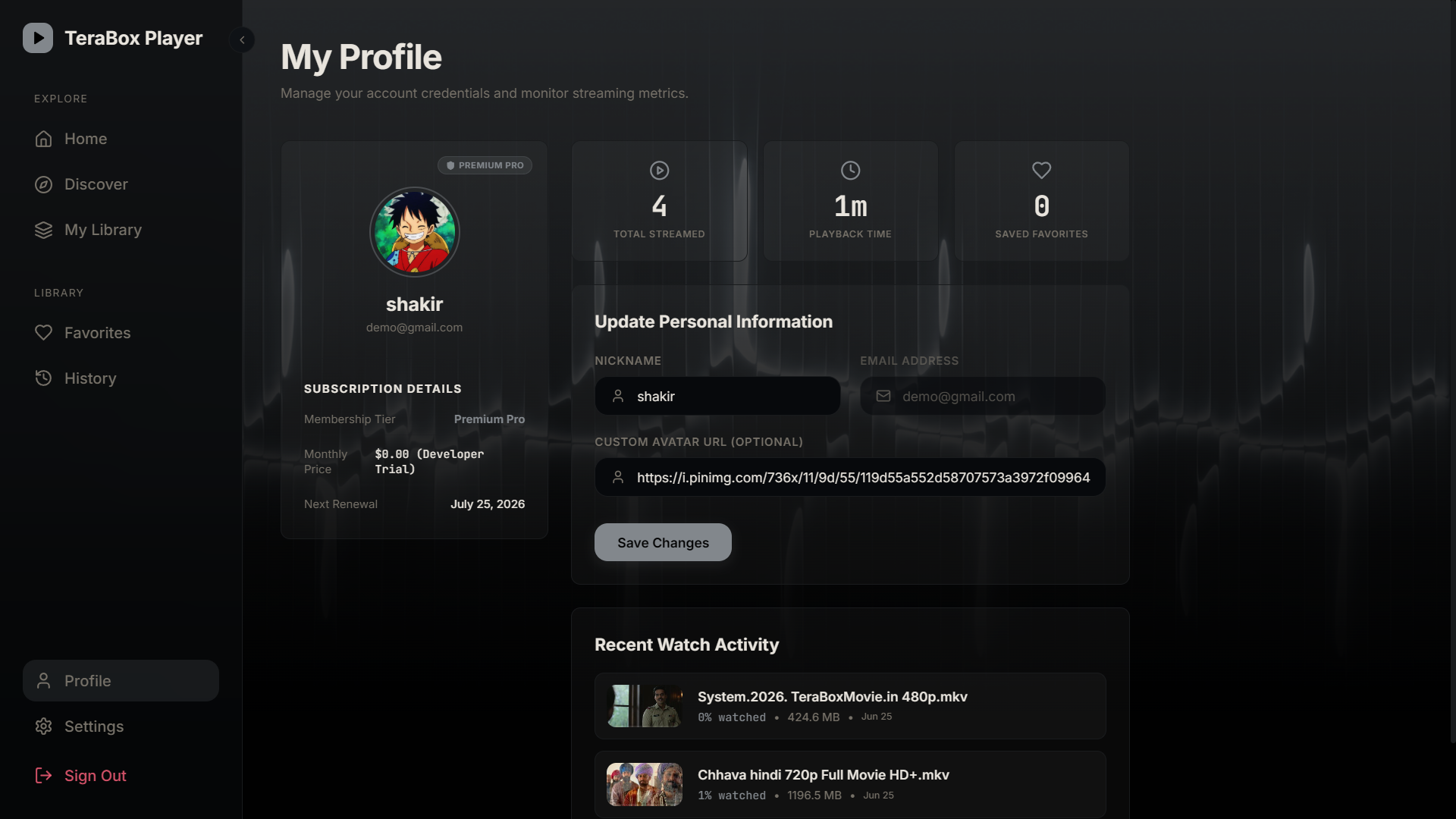 TeraPlay profile page